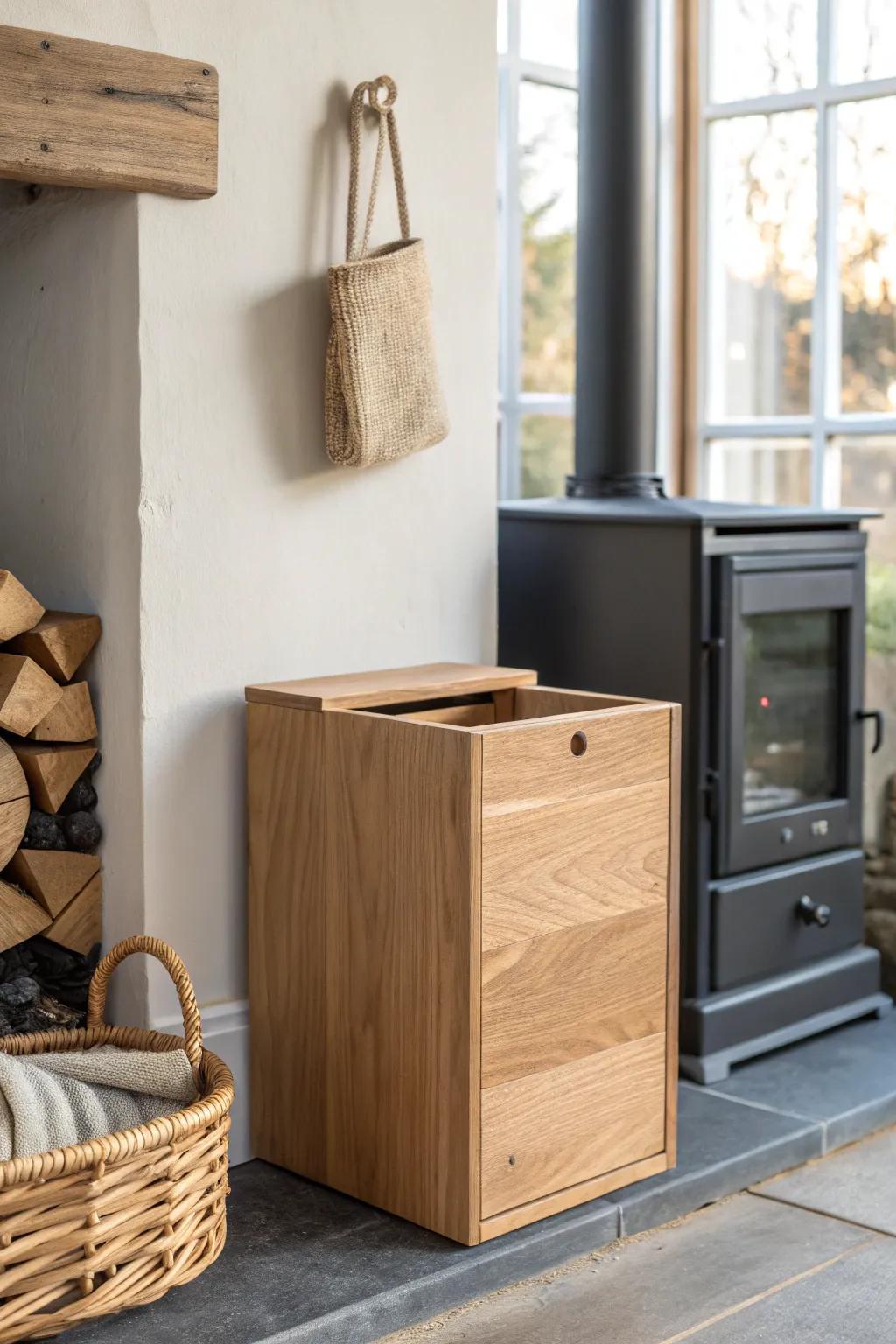 Wall-mounted tilt-out kindling box in oak—space-saving, scoop-ready, and beautifully minimal.
