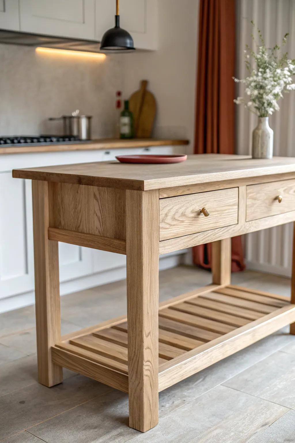 A table-height dough counter in warm oak—gentler on shoulders, perfect for rolling and kneading.