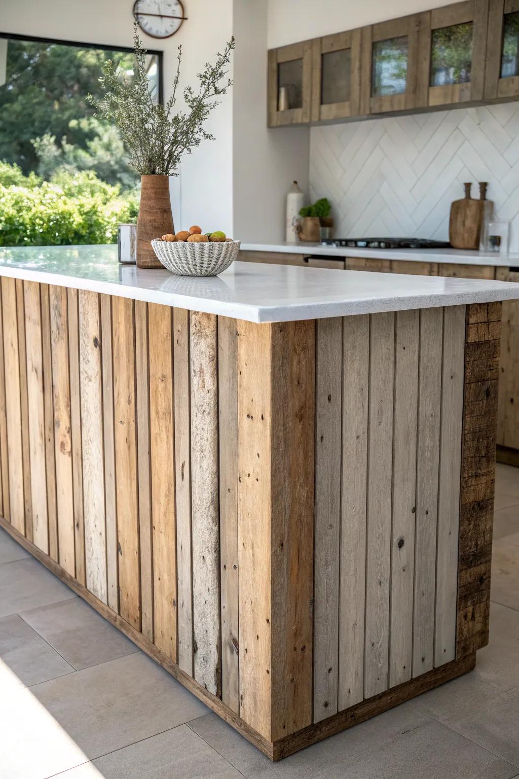 Reclaimed wood paneling adds cozy character—nail holes and patina make the island feel alive.