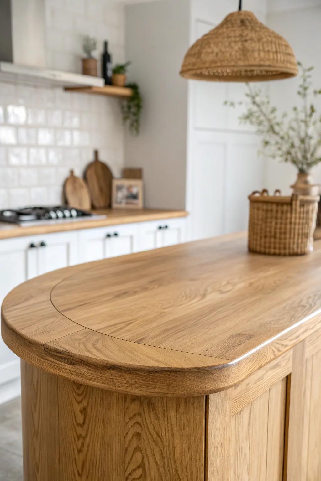 A gently curved oak bar top that softens corners and creates a cozy, flowing seating arc.