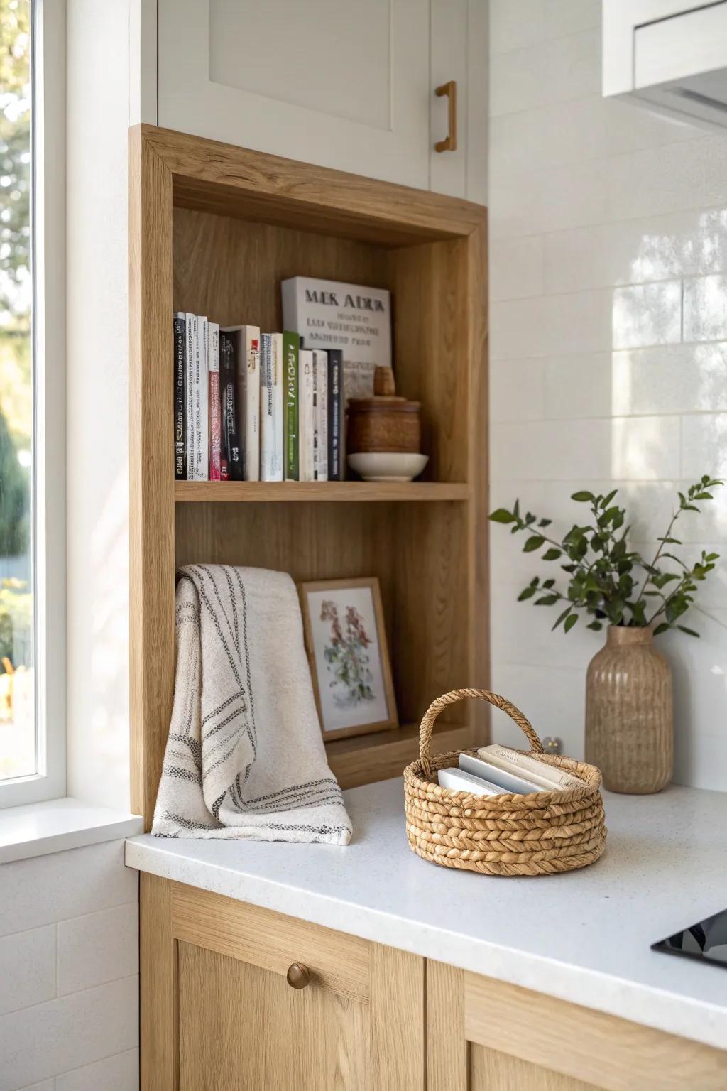 Shallow oak cookbook built-in by the prep zone—pretty, practical, and always within reach.