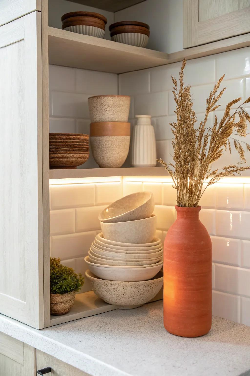 Turn the corner cabinet into a spotlight: stacked bowls + one bold vase under warm light.