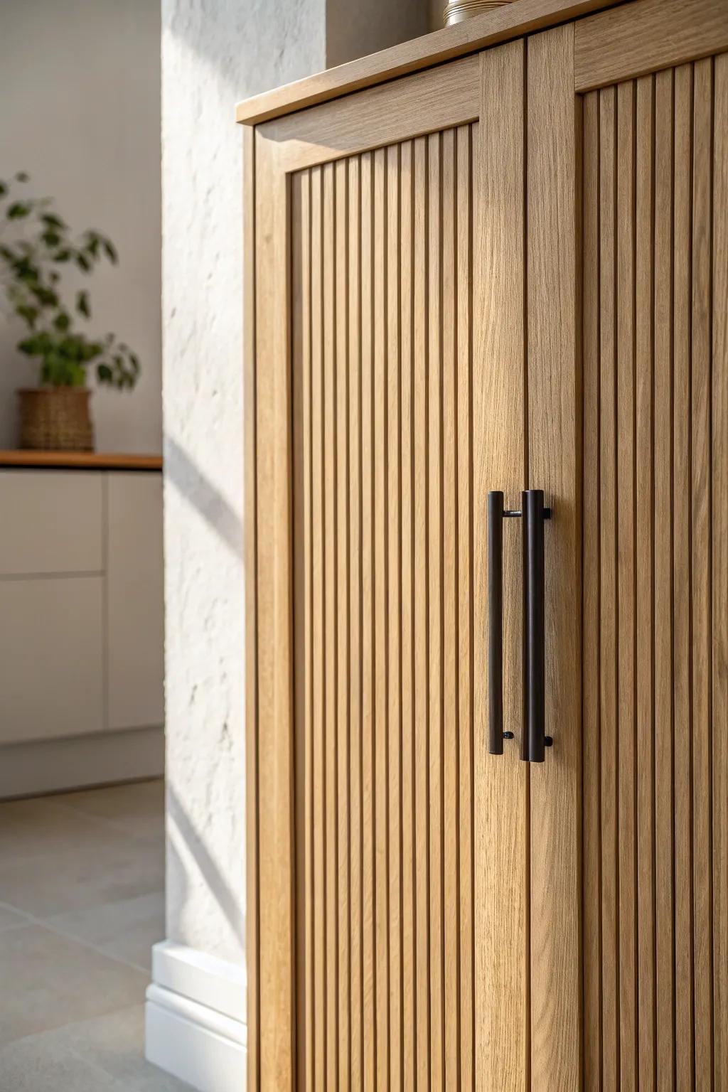 Fluted oak cabinet front with light-catching grooves for a modern, high-end look.