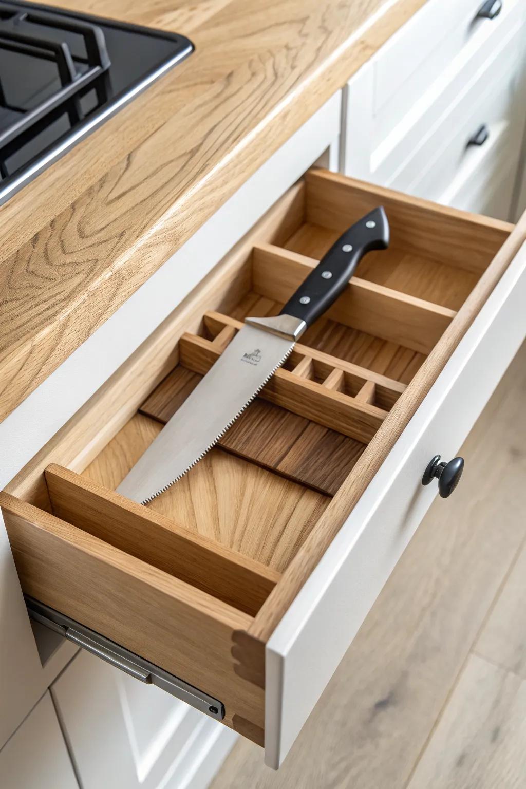 A hidden knife-block drawer insert in oak—safe, sleek, and perfect for tiny kitchens.
