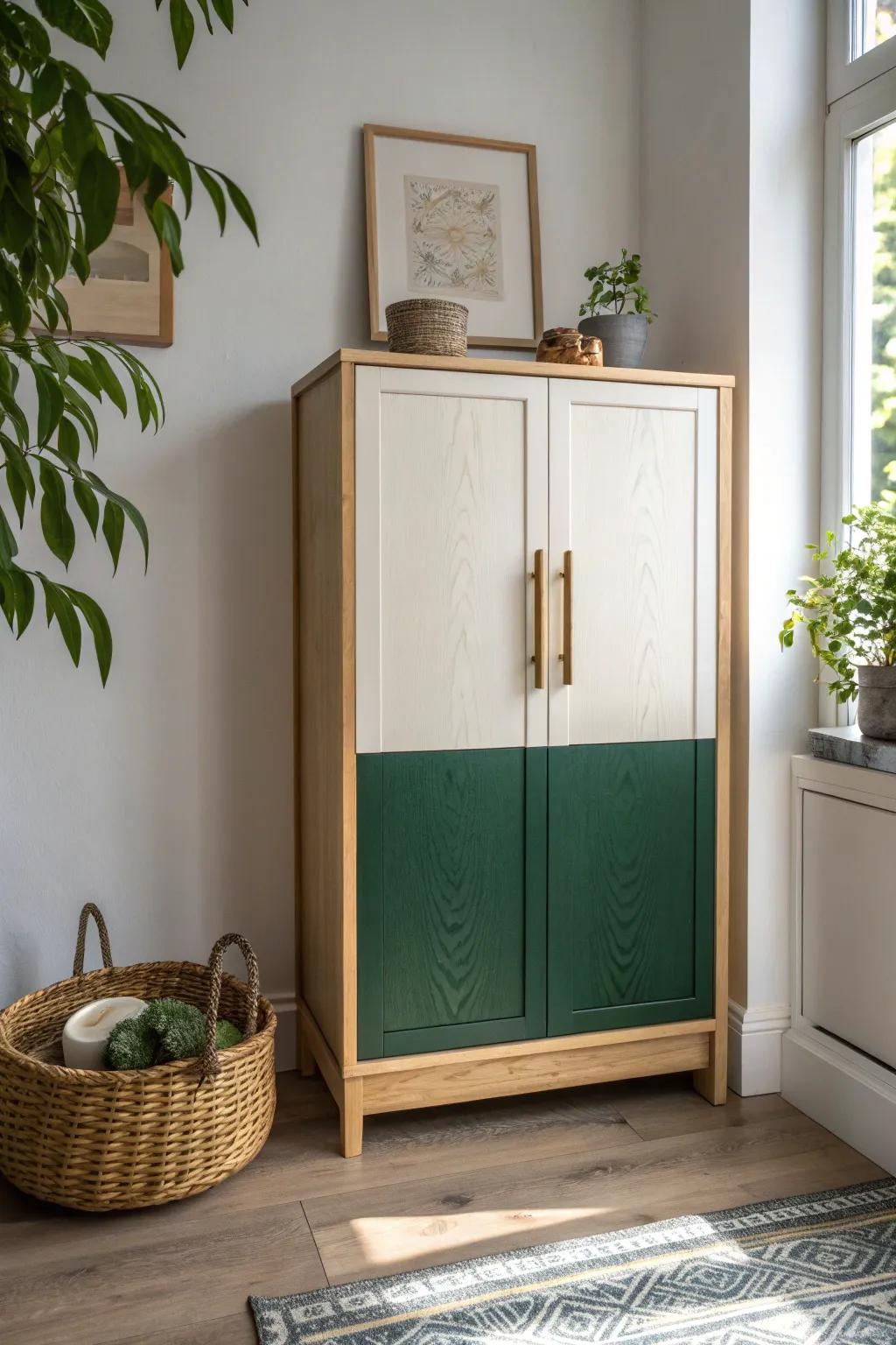Two-tone cabinets: warm off-white uppers with moody green lowers for a designer built-in look.
