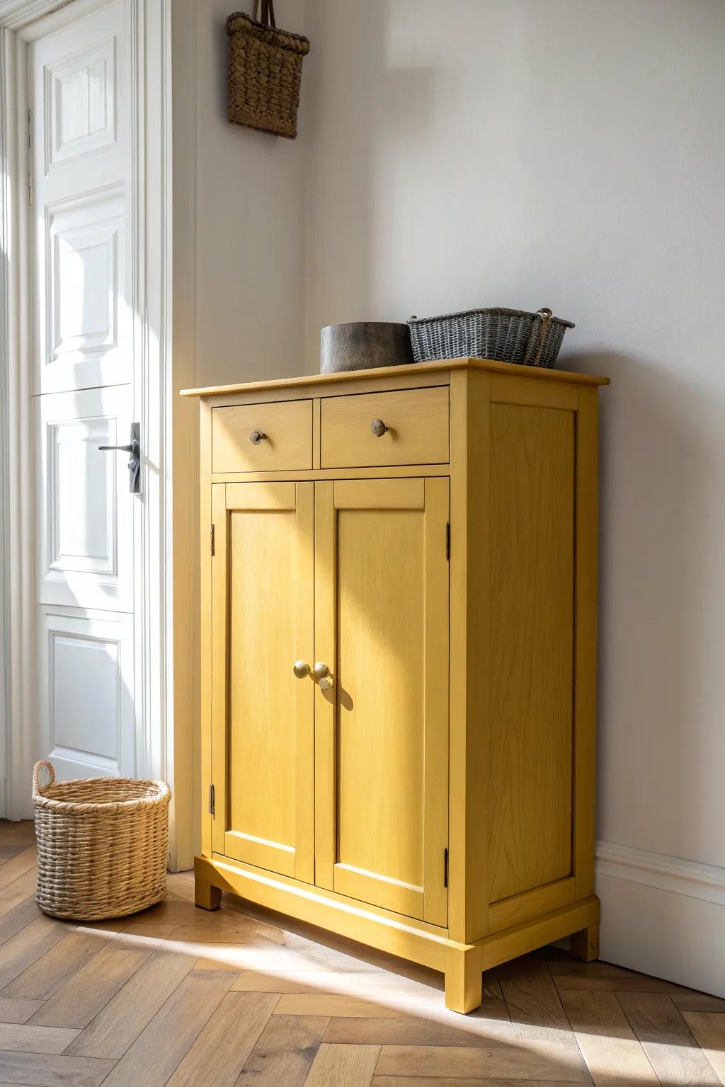 Mustard yellow cabinets add retro warmth and bold contrast—an instant “stop scrolling” upgrade.