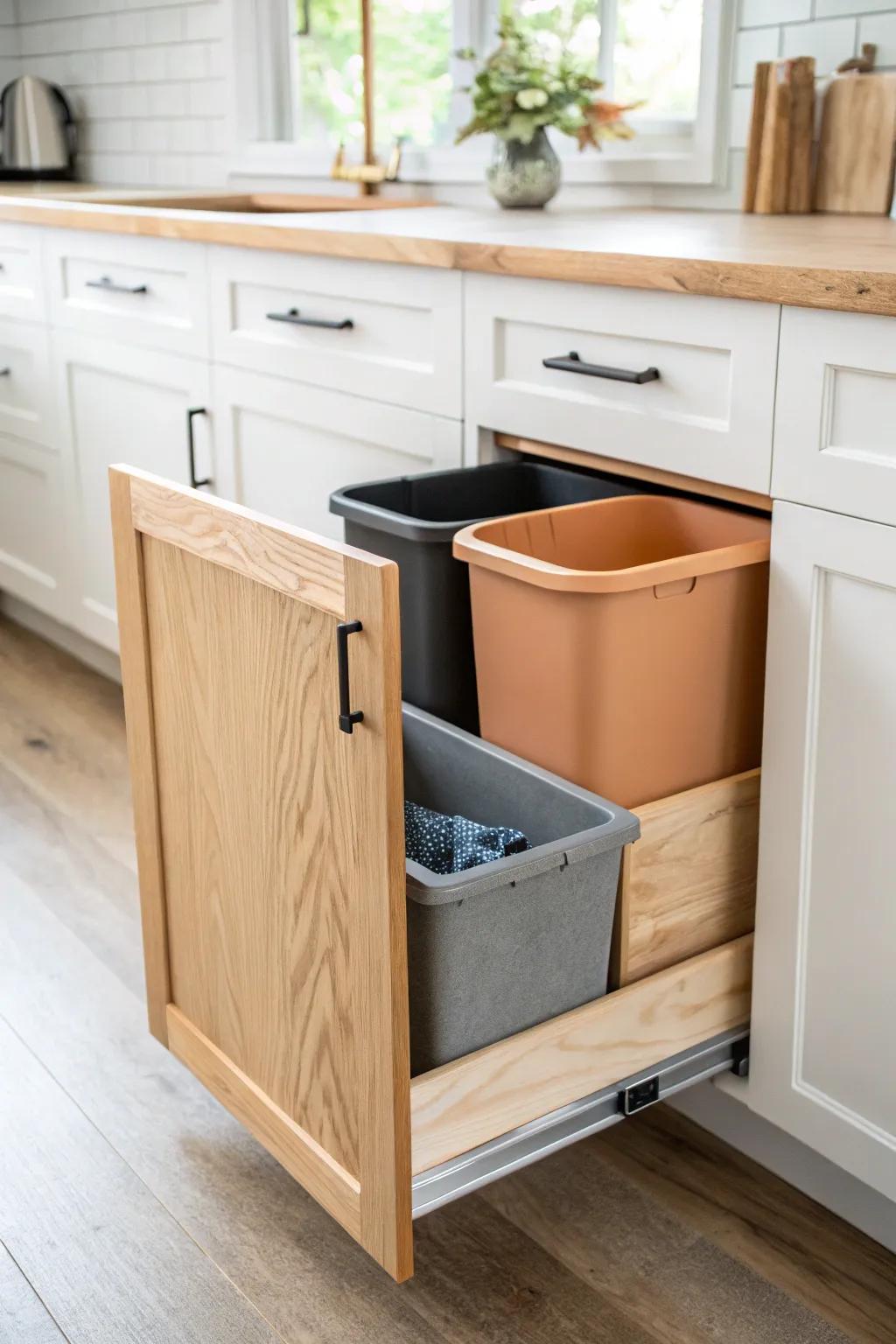 A sleek pull-out trash & recycling drawer keeps your kitchen tidy—beautifully hidden in oak.