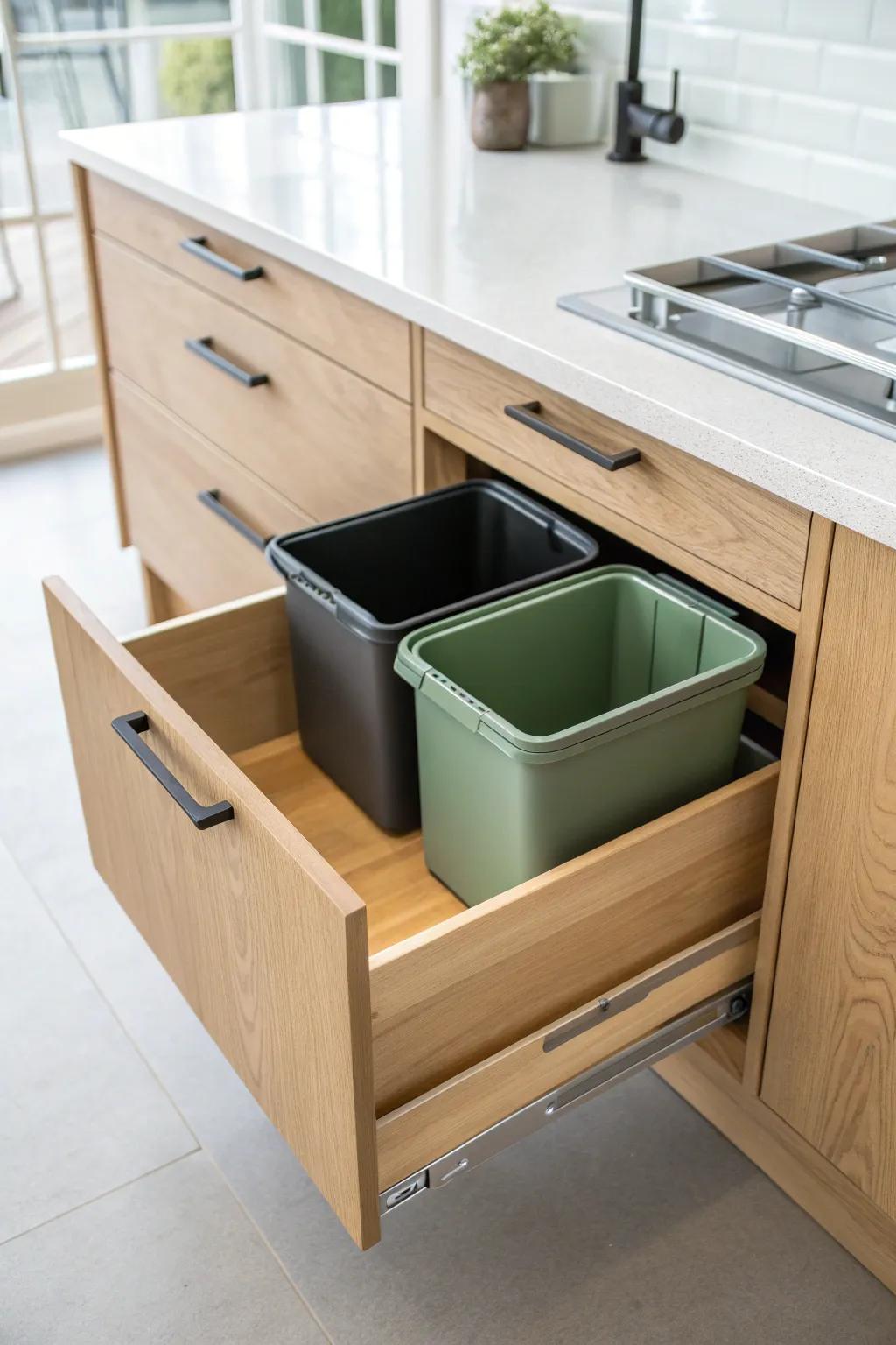 A sleek hidden pull‑out drawer with dual bins keeps your kitchen clean—and beautifully minimal.