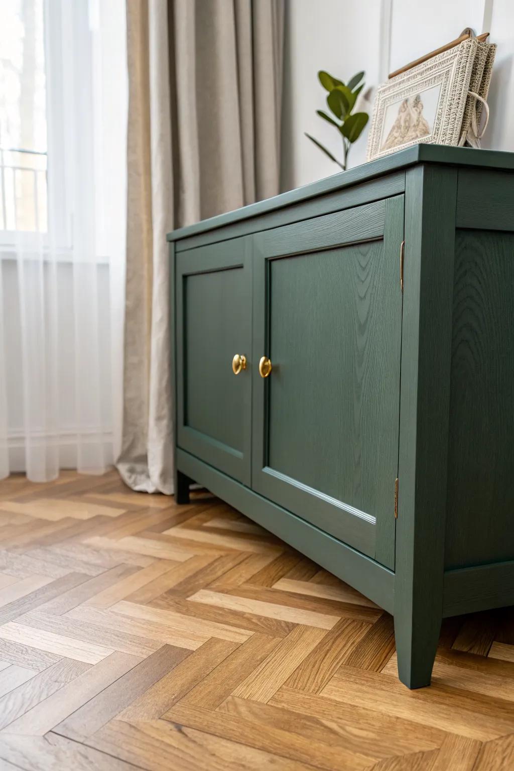 Herringbone oak floors make simple Shaker cabinets feel instantly elevated and high-end.
