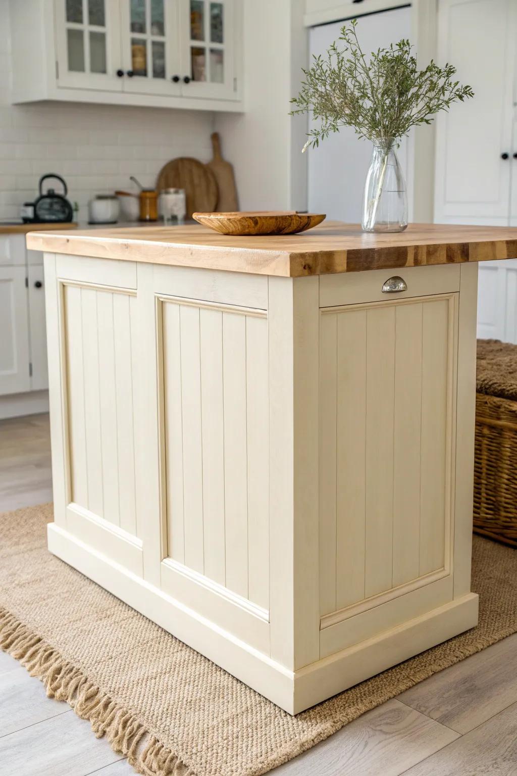 Creamy beige island warmth—soft contrast against white, Scandinavian calm with crafted wood detail.