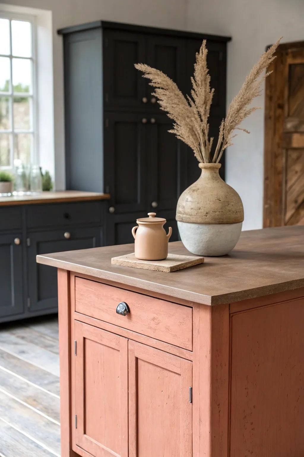 Muted terracotta island + dark cabinets = cozy contrast that feels rich, not heavy.