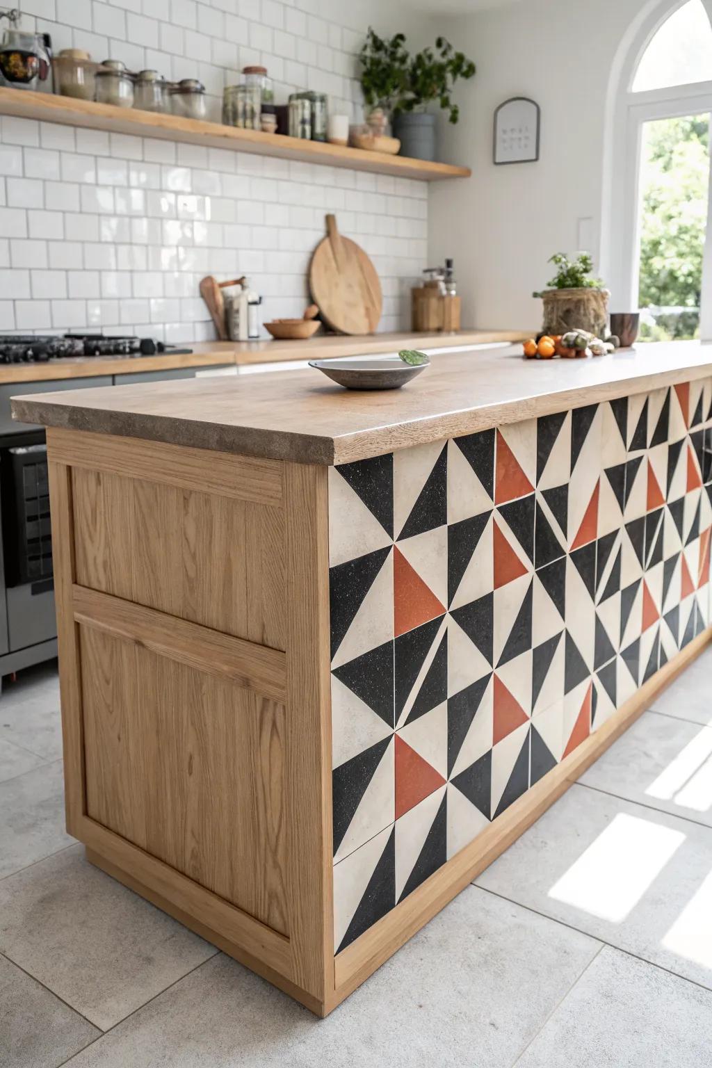 Graphic tile on the island front turns the kitchen centerpiece into bold, pattern-rich art.