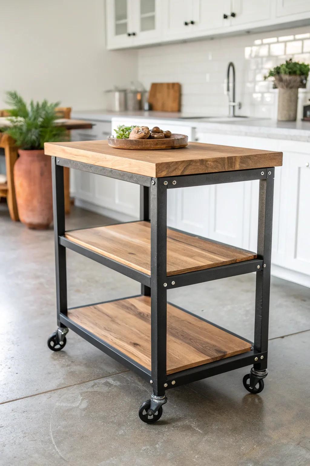 Industrial metal + warm wood shelves—an elegant rolling island built for serious kitchen work.