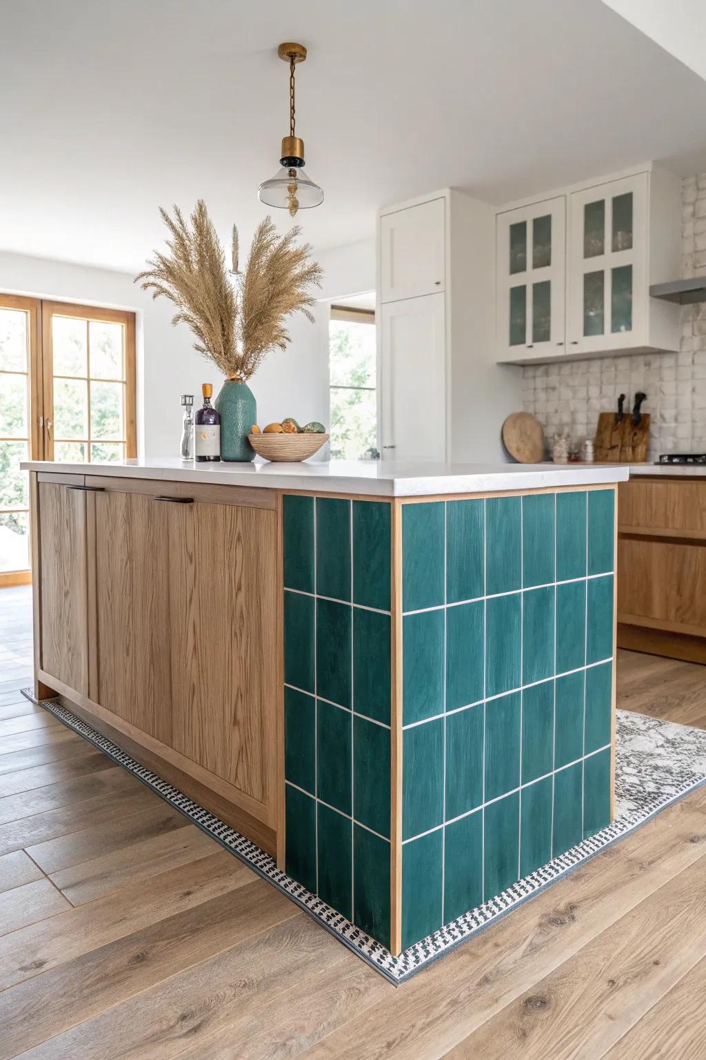 Bold teal tile wainscot wrap that wipes clean and protects your island from splashes.