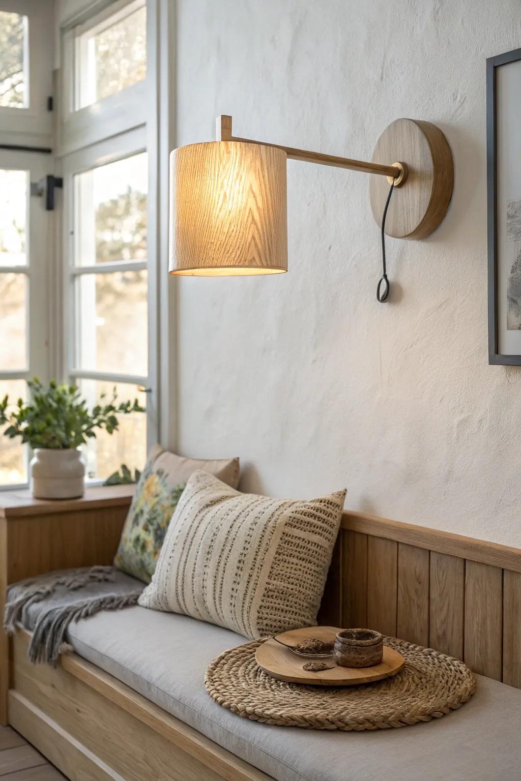 Warm oak wall sconce glow—perfect for a tight breakfast nook with effortless, cozy balance.