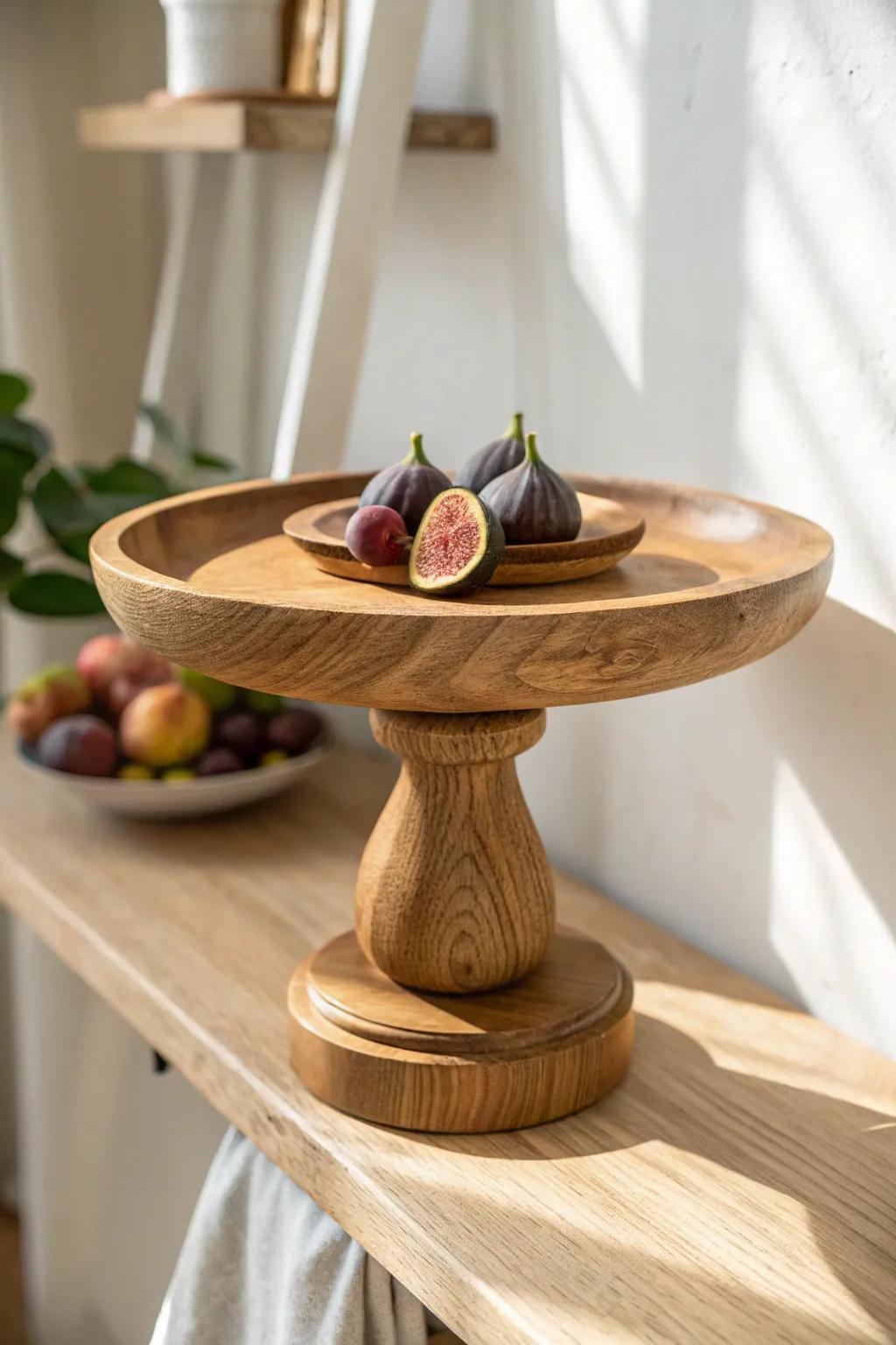 Add instant height to kitchen shelves with a handcrafted wooden cake stand riser.