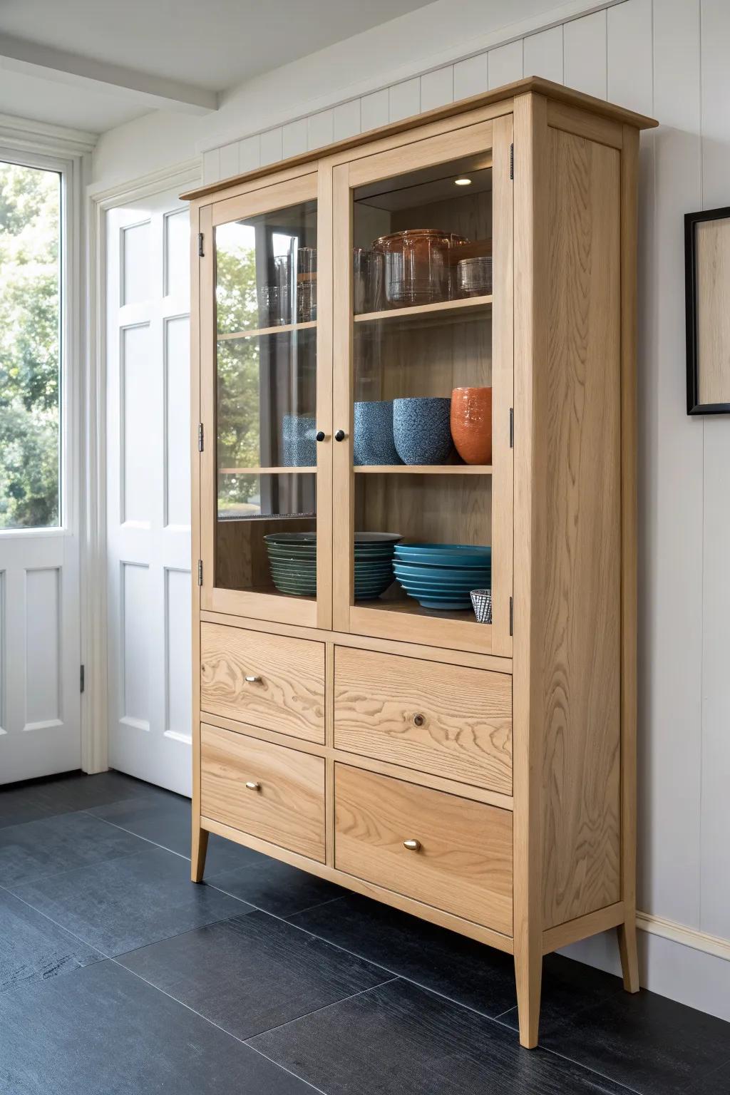 Light oak glass-door sideboard—show off your prettiest dishes without the open-shelf dust.
