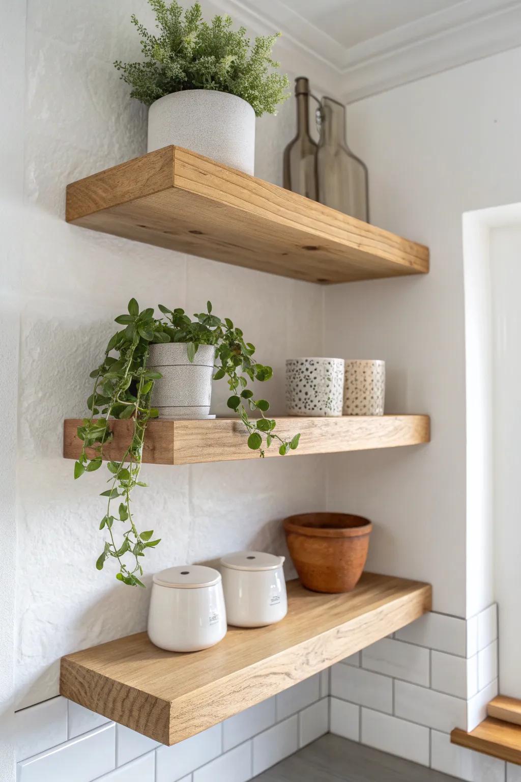 Chunky oak corner floating shelves—simple, warm, and perfect for canisters plus a plant.