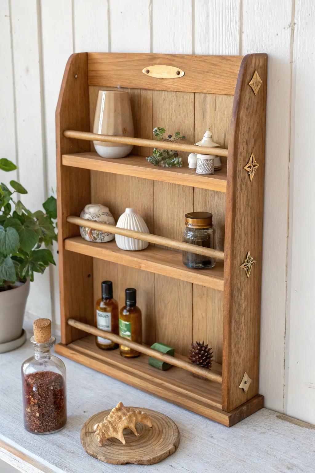A skinny spice rack becomes the perfect knick knack shelf—tiny treasures stay visible and tidy.