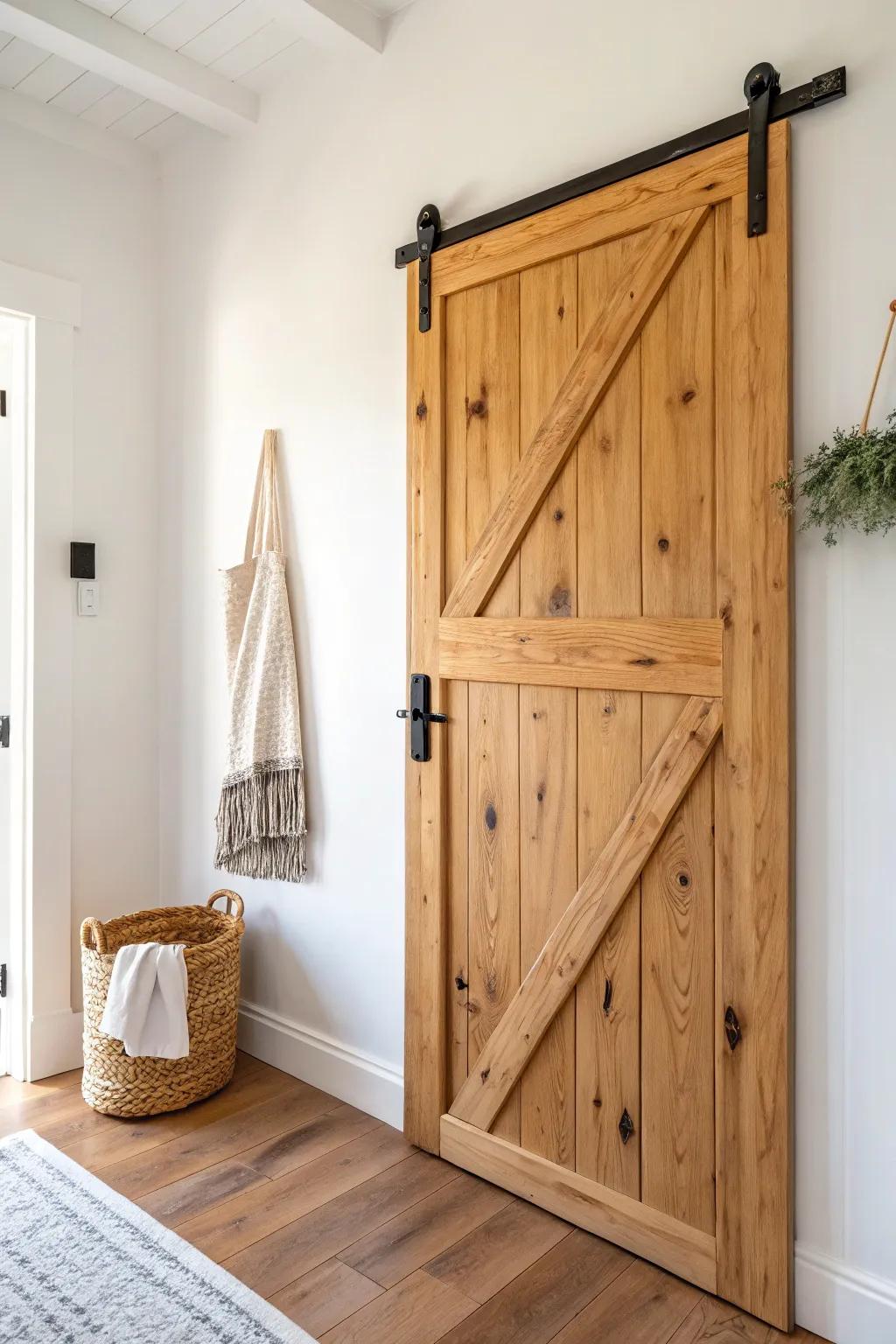 A satin-finished knotty pine door brings instant cabin character to a modern bathroom.