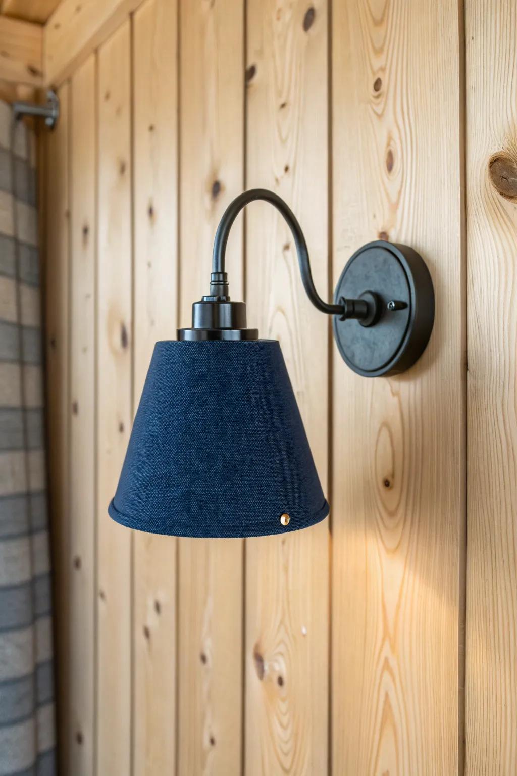Navy linen and matte black accents make knotty pine walls feel modern and intentional.