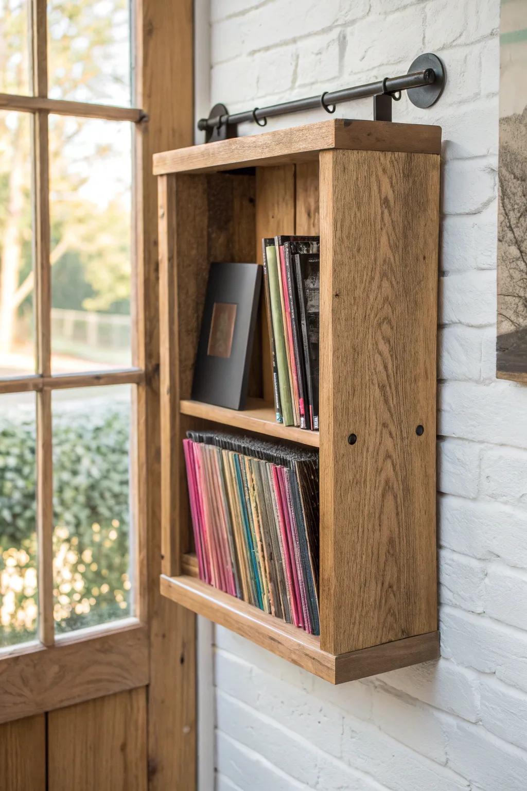 Cozy barn-door shelf: reclaimed wood warmth with bold K-pop album colors peeking through.