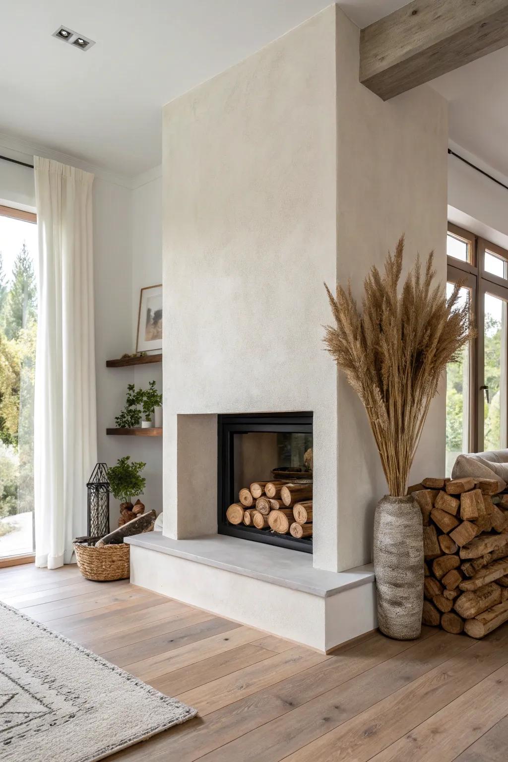 A corner log niche that turns stacked firewood into the warm, built‑in decor of your L‑shaped hearth.