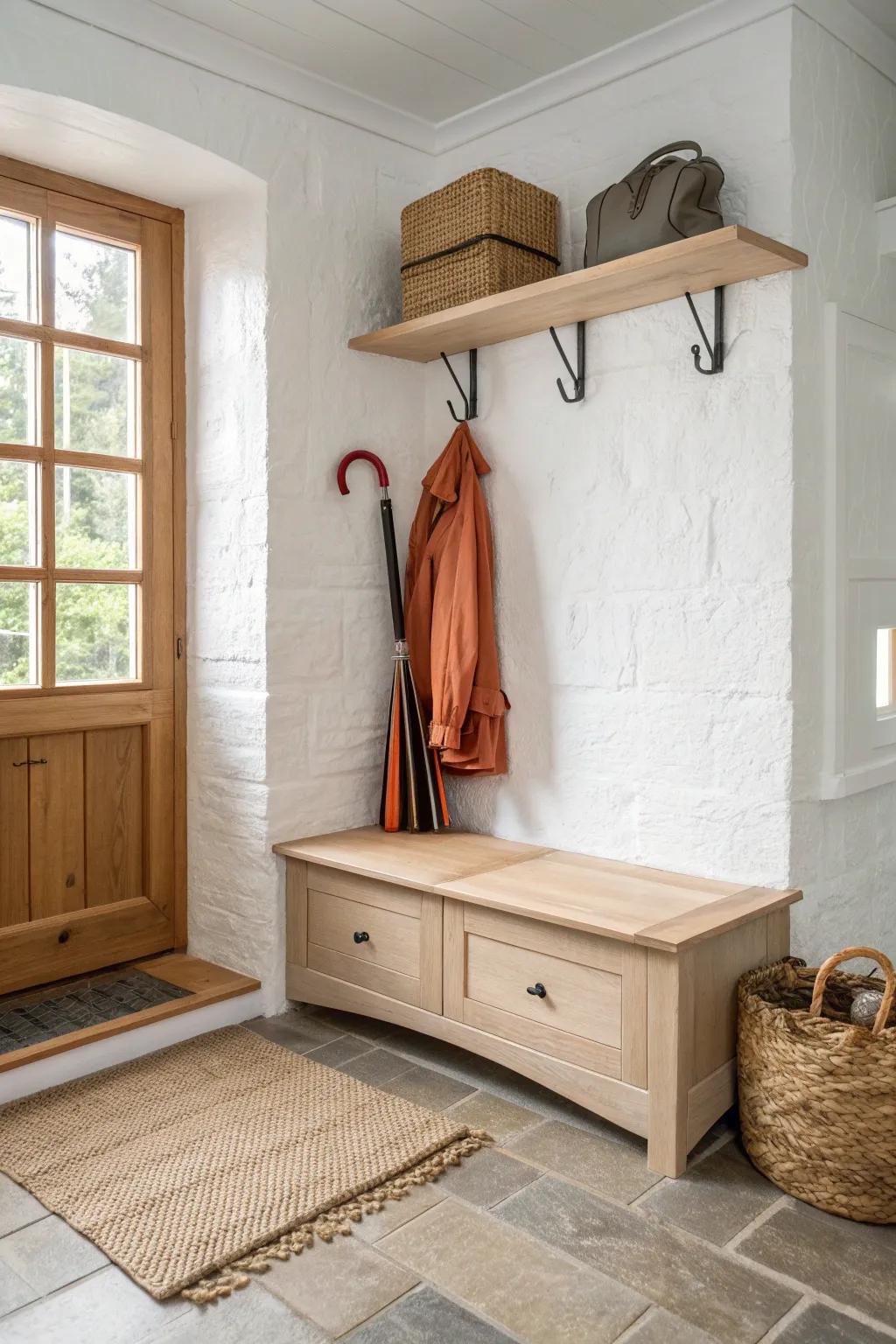 A slim built-in umbrella slot on the L-bench leg—satisfying, space-smart, and beautifully clean.