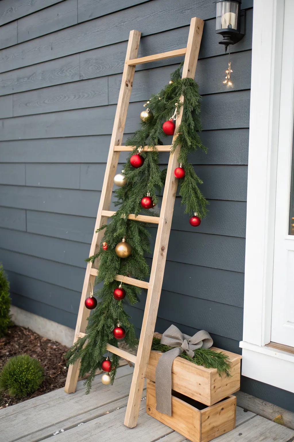 Porch-ready ladder Christmas tree—evergreens, hardy ornaments, and a sturdy crate base.