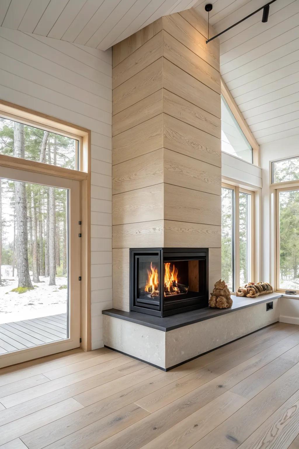 A corner fireplace in warm oak and matte black steel—cozy flames without stealing the view.