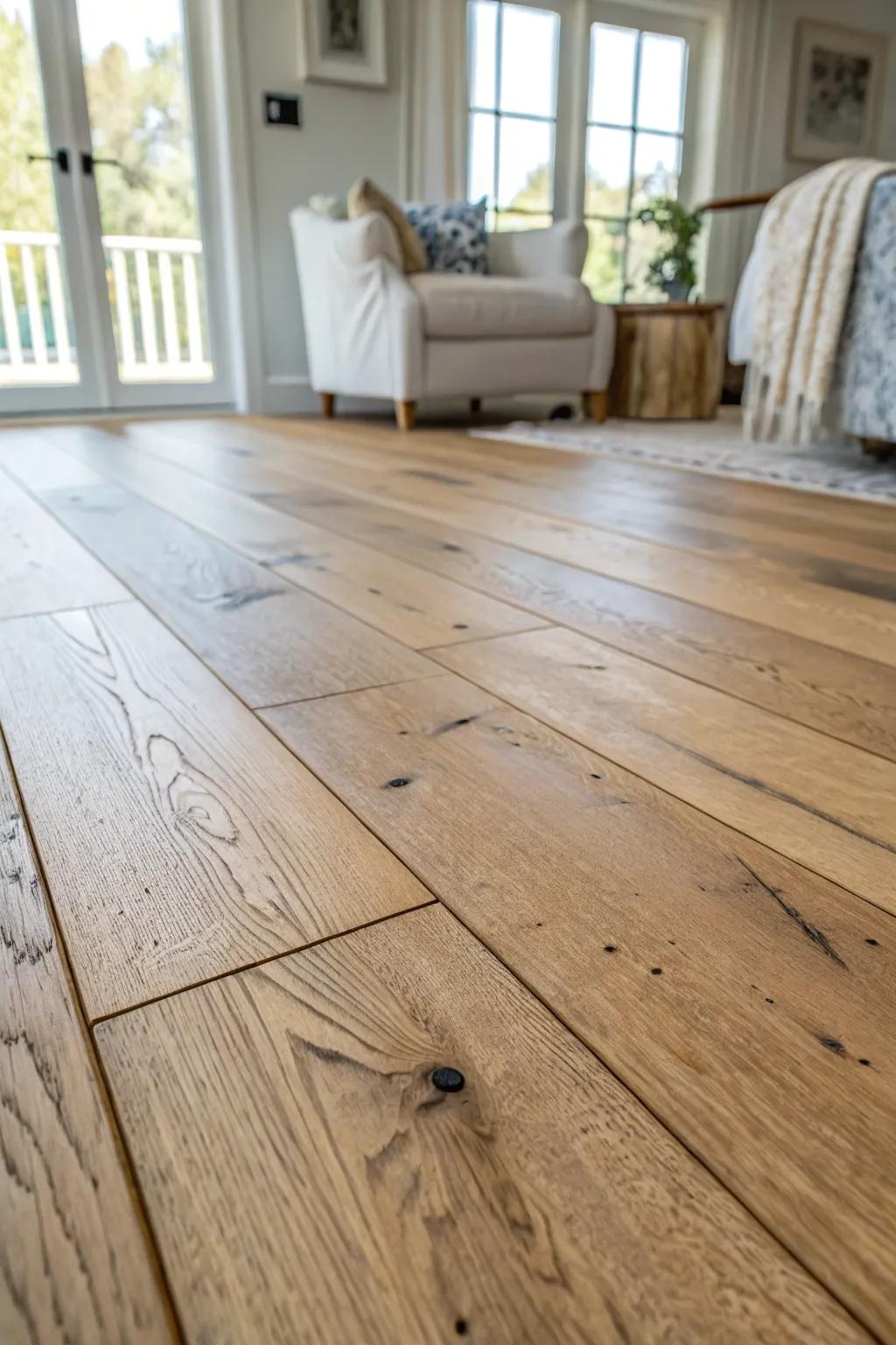 Ultra-matte, lightly textured wide-plank floors that look modern and hide sandy scuffs.