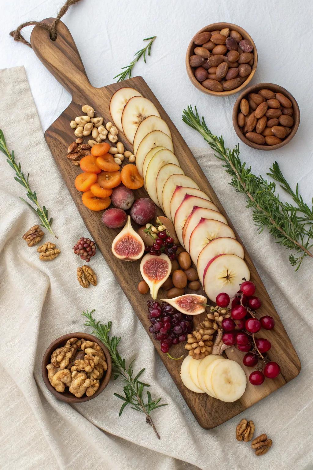 Harvest-style giant board: pears, figs, dried fruit, nuts, and herbs on warm walnut.