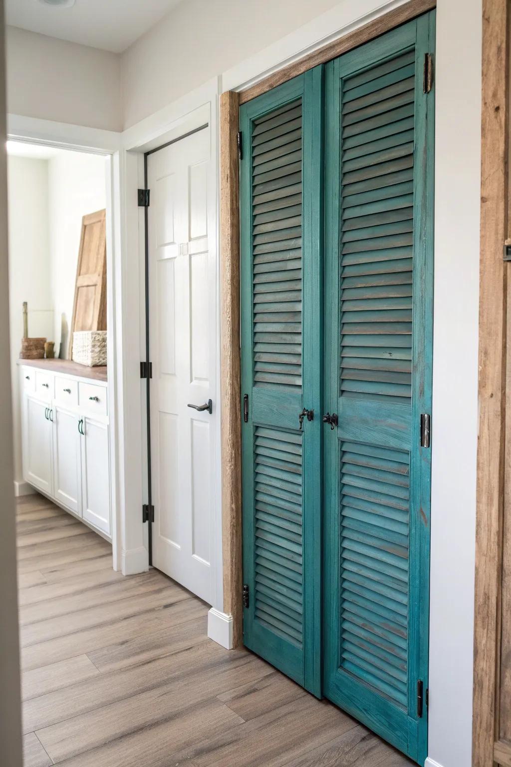 Old vintage shutters in deep teal become chic, vented laundry closet doors with artisan charm.