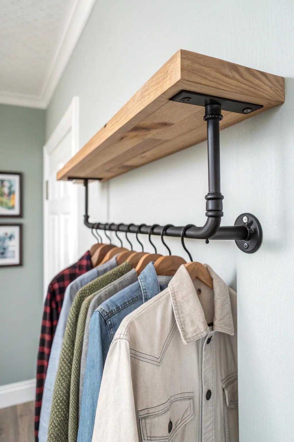 Industrial pipe + oak shelf rack—perfect for long coats and a stylish laundry room.