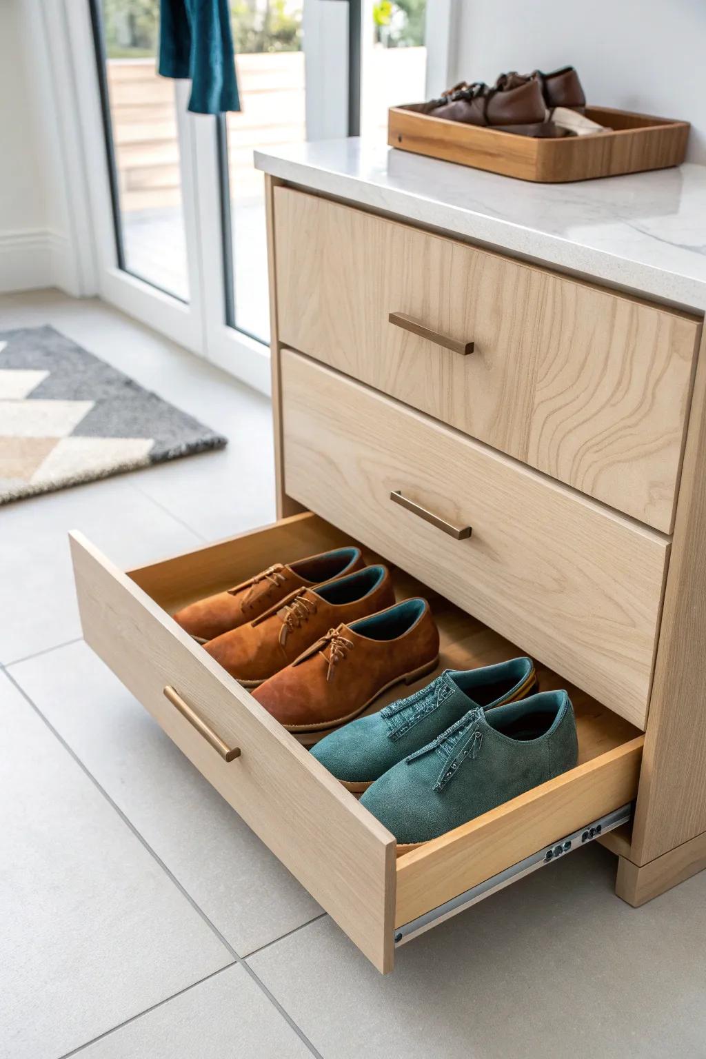 A hidden toe-kick drawer keeps slippers and flats tidy—ideal for tight laundry room spaces.