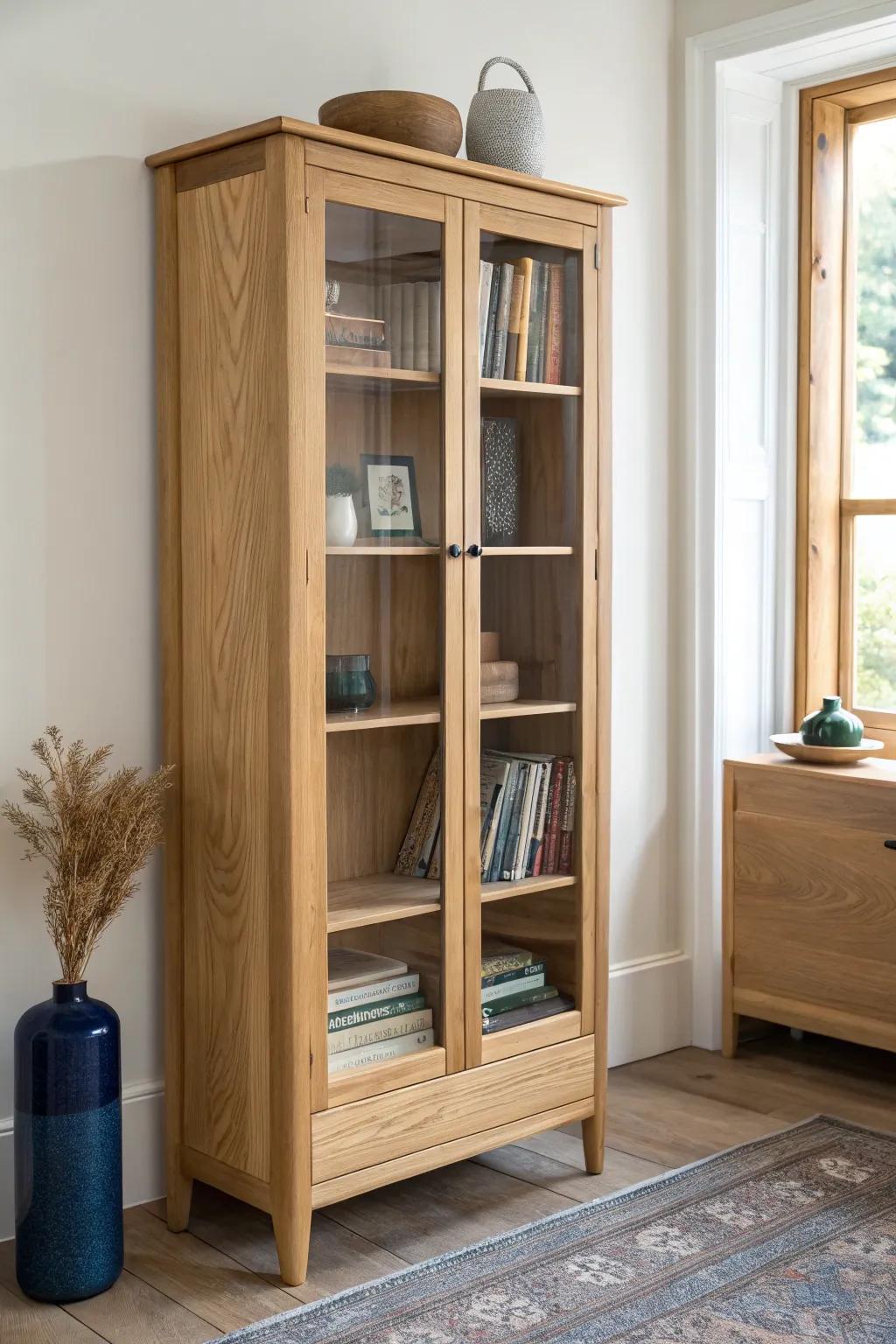 Glass-front oak cabinet: dust-free books, refined lines, and warm Scandinavian calm.