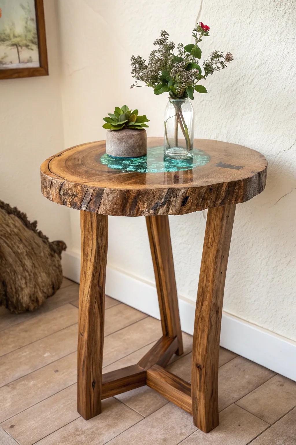 Spalted live-edge end table with teal resin-filled knots—practical, glossy, and story-rich.