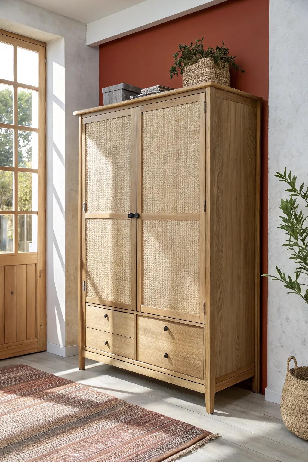 Sliding wood doors save space—this armoire adds handcrafted charm with bold, warm contrast.
