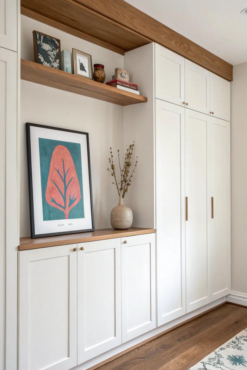 Turn closet doors into decor with a slim oak picture ledge and one bold art print.