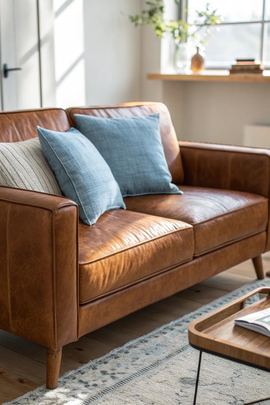 Dusty blue accents make a brown couch look instantly cooler—minimal, cozy, and sophisticated.