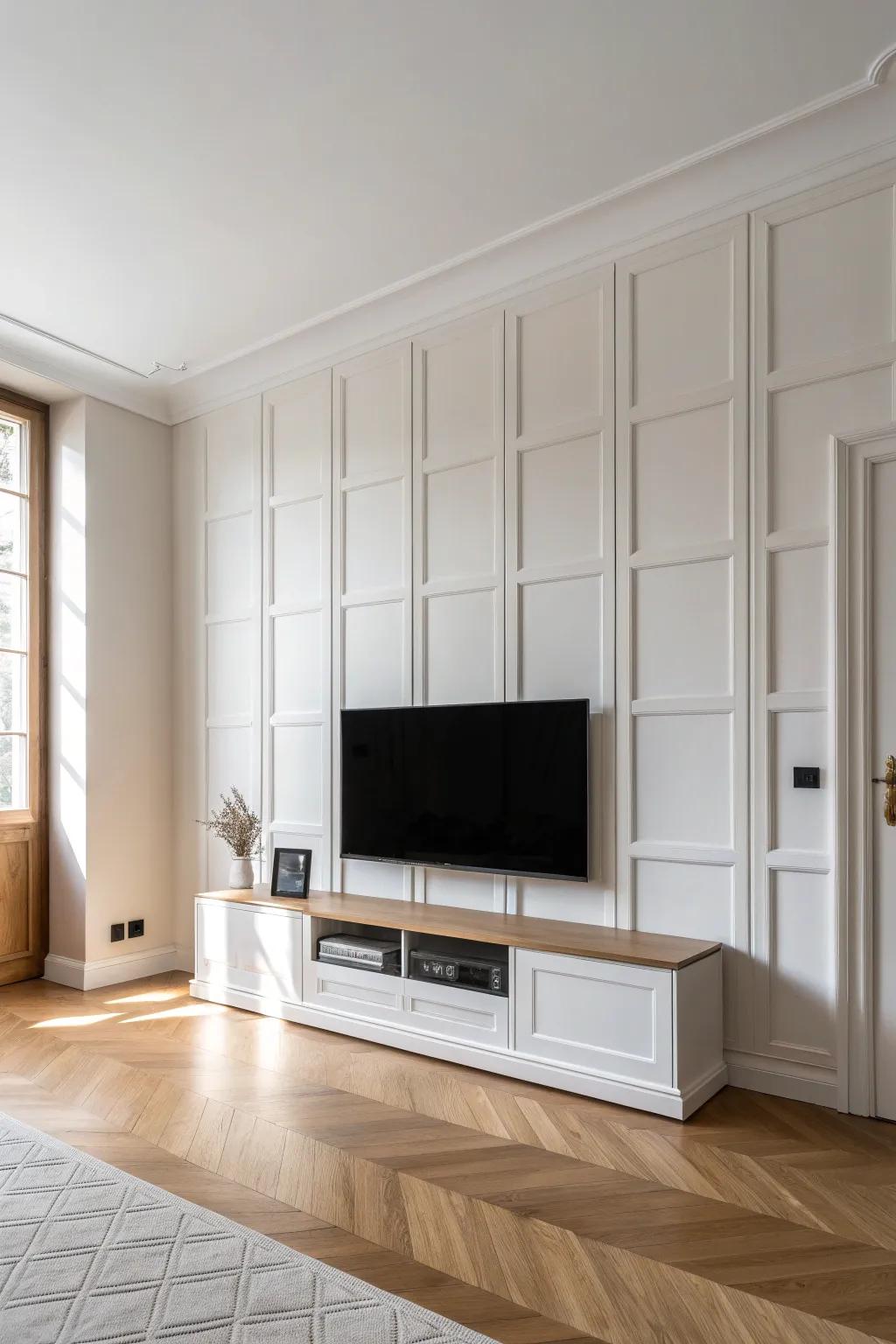 Tall moulding panels frame the TV so it blends in—clean lines, warm wood, bold contrast.