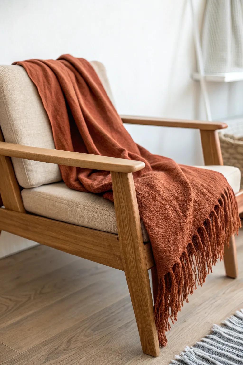 Terracotta rust textiles make oak furniture glow—warm, bold, and beautifully minimal.