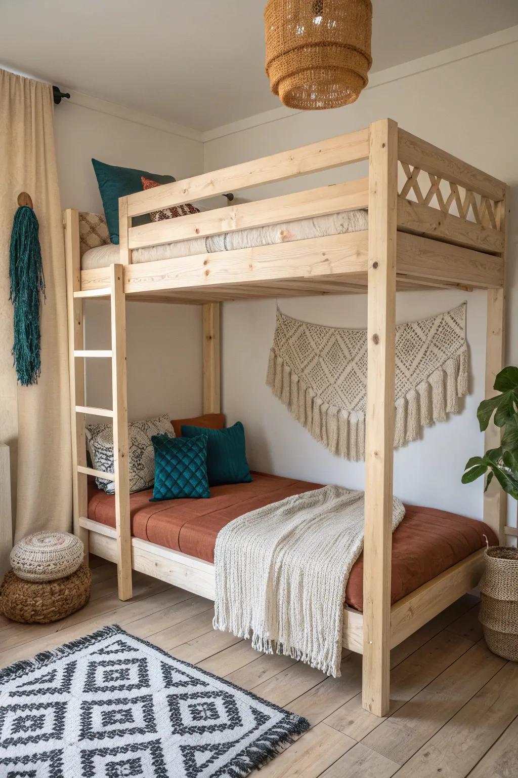 Cozy under-loft nook: macramé + chunky knits that warm up clean Scandinavian wood.