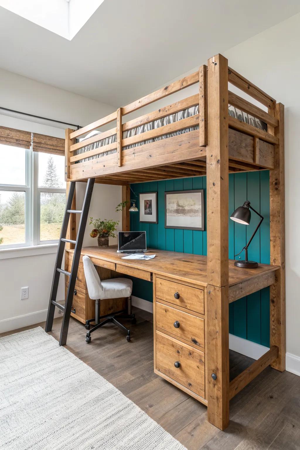 Reclaimed-wood loft with a built-in desk: rustic character meets clean Scandinavian lines.