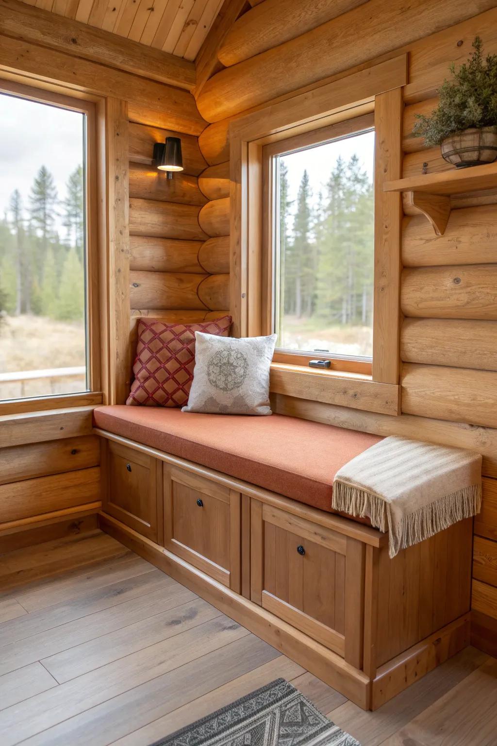 Bay-window breakfast nook bench with hidden storage—cabin charm, clean lines, and a view.