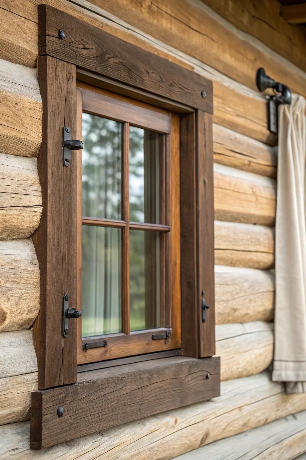 Bronze-brown window trim + iron hardware adds vintage charm without feeling matchy.
