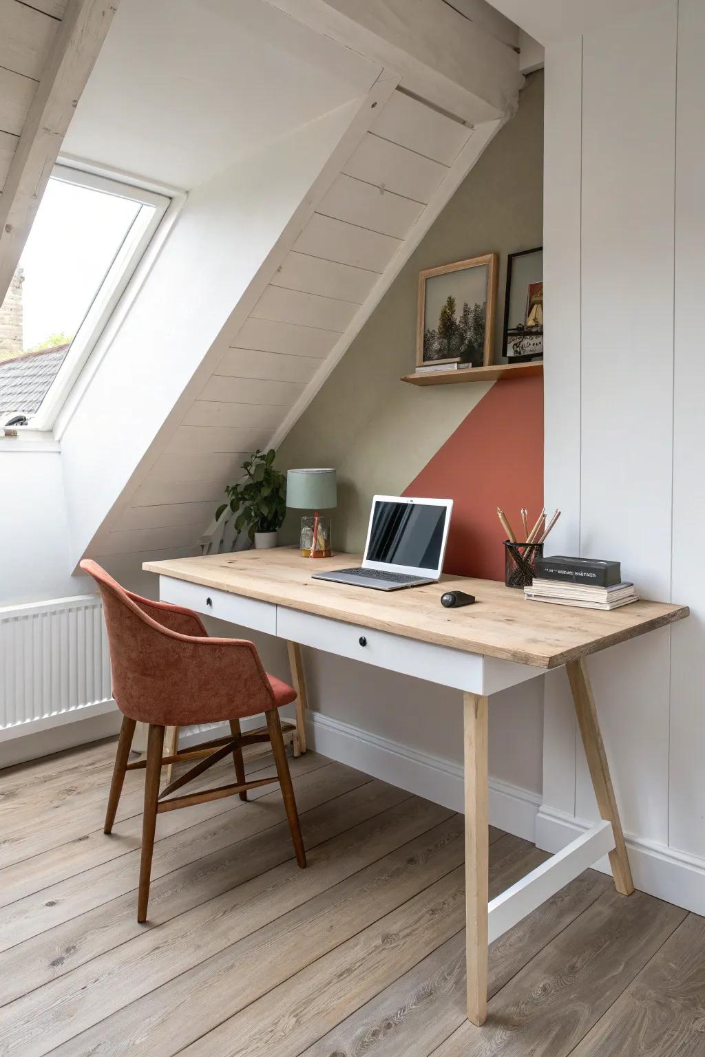 Built-in long oak desk under the attic slope—clean lines and warm craftsmanship in a cozy corner.