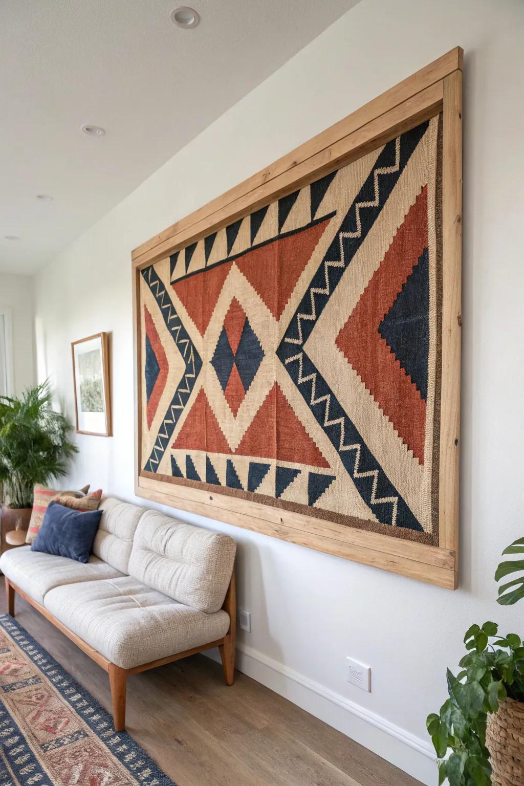 One oversized textile art in a warm oak frame anchors a long living room instantly.