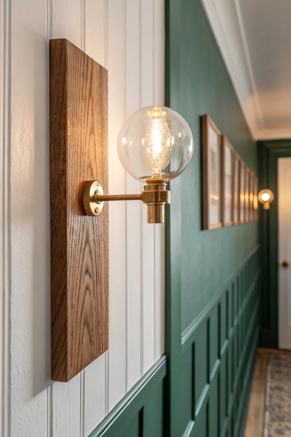 Wooden wall sconce adds warm glow to a narrow mudroom—no bulky ceiling light needed.