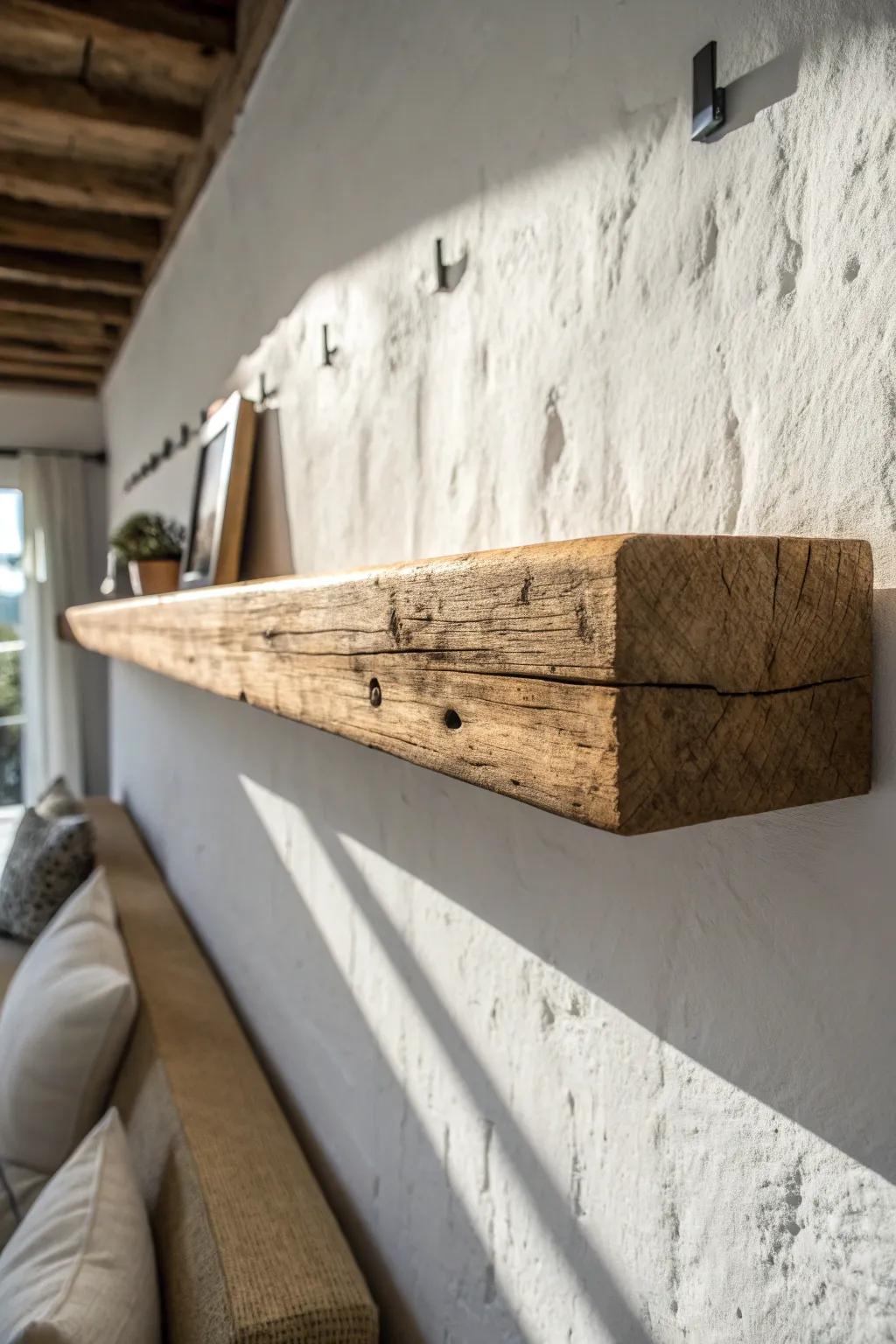 Chunky reclaimed beam shelf: rustic texture meets clean Scandinavian minimalism.